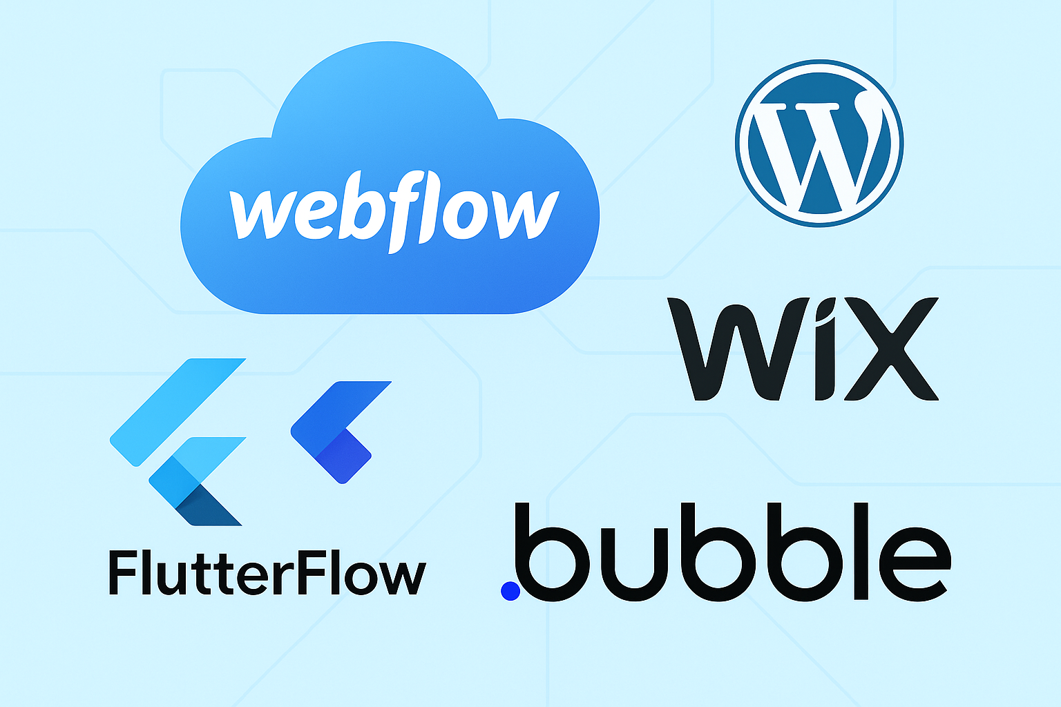 Web Development Trends 2025 featuring logos of top no-code tools – Webflow, WordPress, Wix, FlutterFlow, and Bubble
